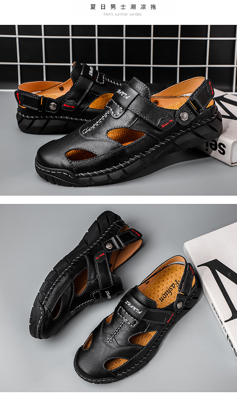 Cross-border large wharf layer cowhide sandals, men's genuine leather men's durable beach shoes, men's thick-soled anti-slip shoes, men's flip-flops undefined