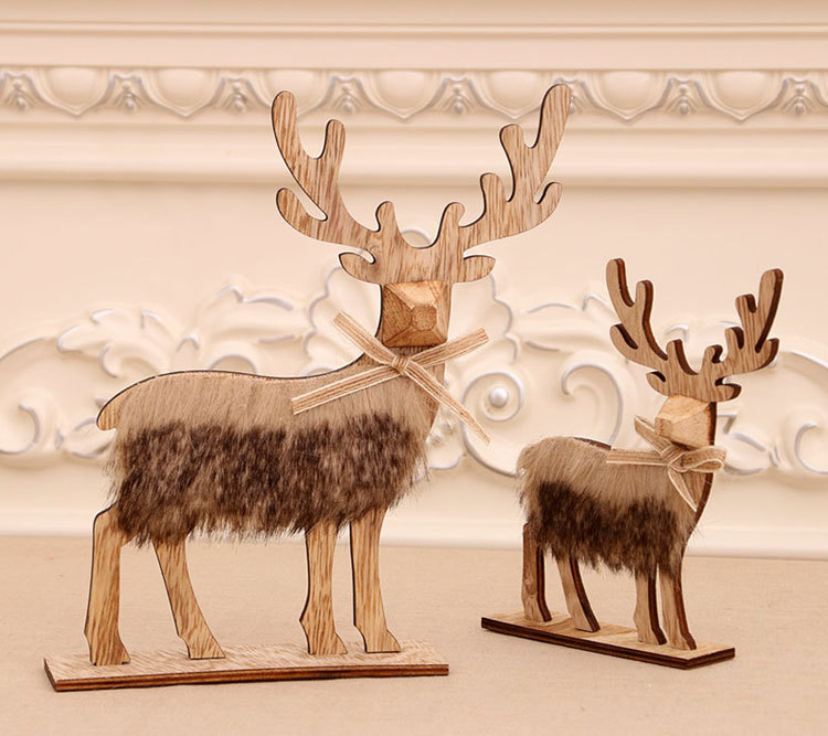 Wooden Assembled Christmas Deer Ornaments Log Style Plush Christmas Deer display picture 1