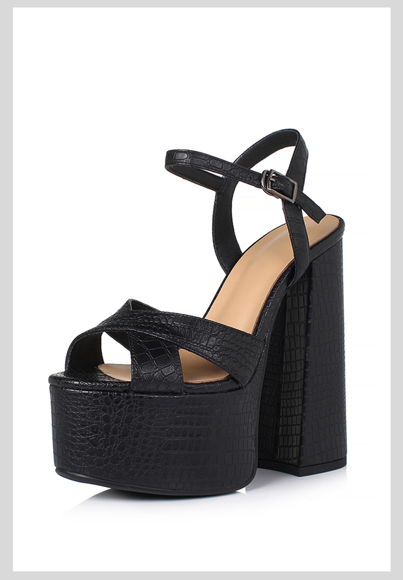 Sandal cao gót nữ mũi hở đế platform chunky da thật gót dày — Màu đen mờ chi tiết 7