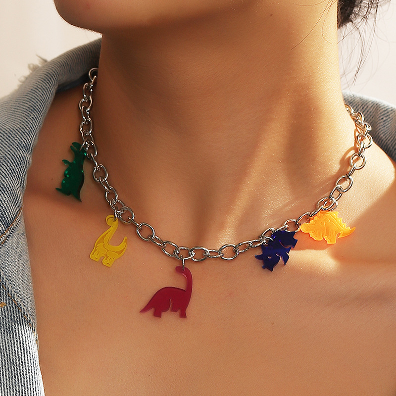 Cute Fun Resin Dinosaur Pendant  Silver Chain Women's Necklace display picture 2
