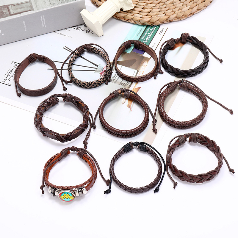 New Fashion Hand-woven Retro Cowhide Combination 10-piece Leather Bracelet display picture 3