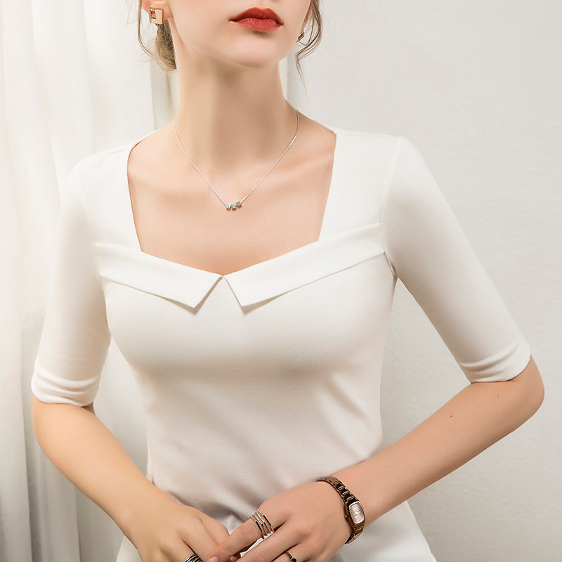 French Style Square Collar Top Women's Half Sleeve Design Sense Middle Sleeve Slim Fit Cotton 2020 Early Autumn Half Sleeve Summer T-Shirt