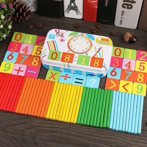 Iron box with counting rods for children's math teaching tools, kindergarten children's addition and subtraction toys, colorful wooden sticks arithmetic magic tool