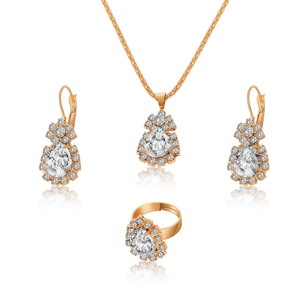 European And American Fashion Water Drop Rhinestone Necklace Earrings Ring Set display picture 15