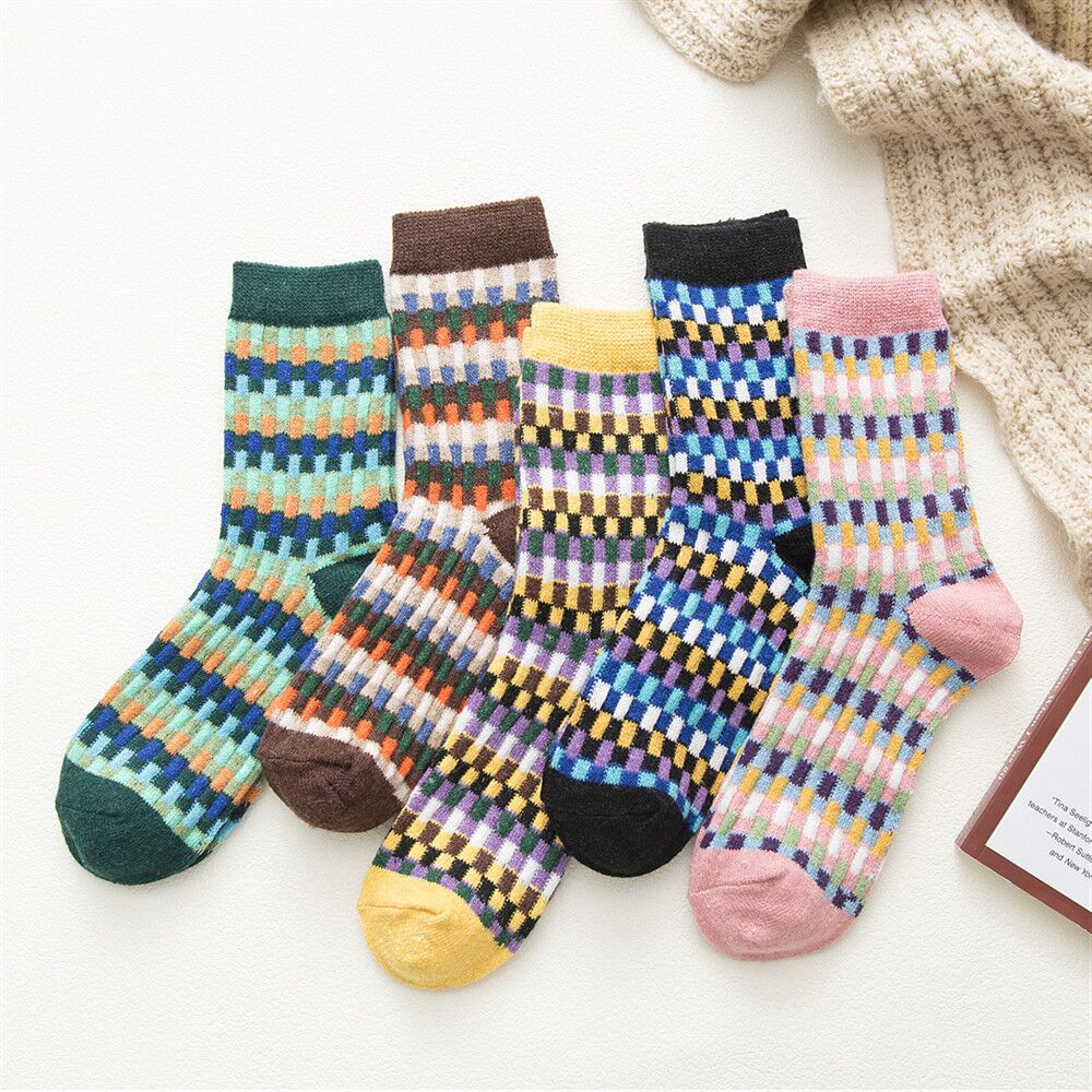 Women's Retro Color Block Polyester Blending Crew Socks 5 Pairs display picture 3