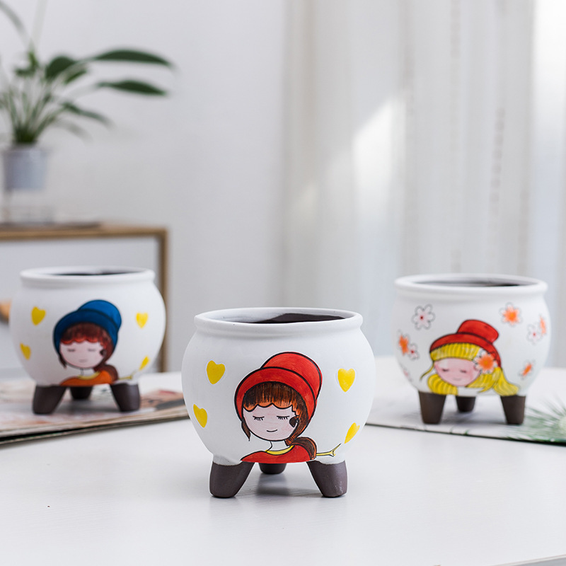 Korean-style cute hand-painted succulent plant flowerpot ceramic high-legged stoneware creative personality meat-raising cartoon trumpet
