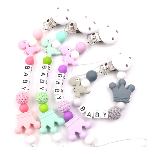 Amazon baby pacifier clip chain teether anti-drop chain little dinosaur silicone bead pacifier chain baby supplies
