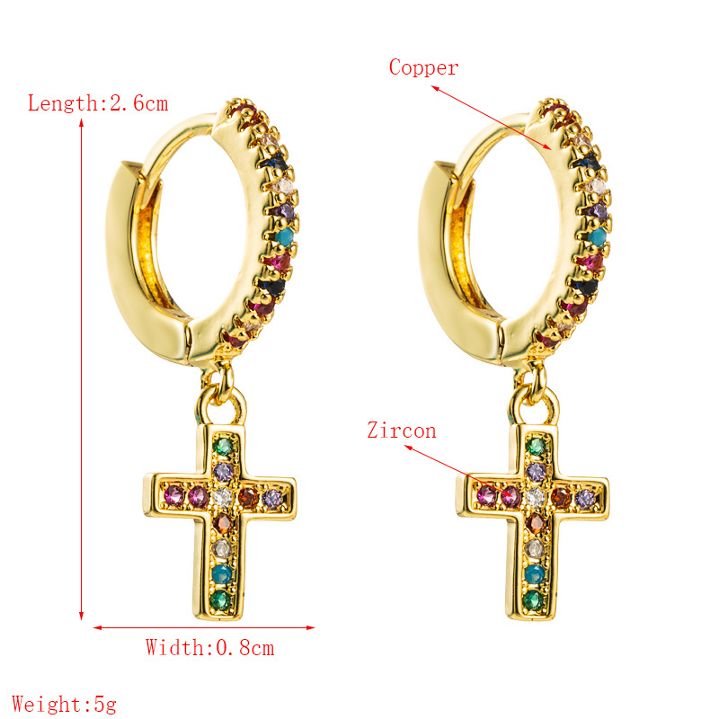 New Personality Cross Earrings  Gold Plated With Color Zircon  Earrings Wholesale display picture 1