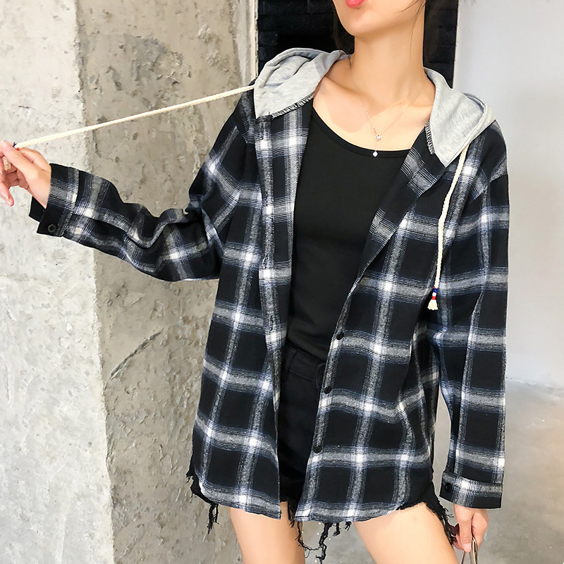 Women's loose plaid long-sleeved blouse New Harajuku Student Shirt Jacket in Spring_voghion.com