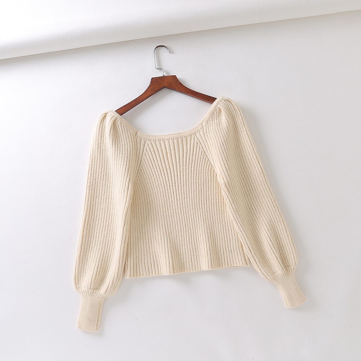 Wholesale Autumn French Square Neck Bubble Lantern Sleeve Short Women Knitted Top Sweater  NSAM3100