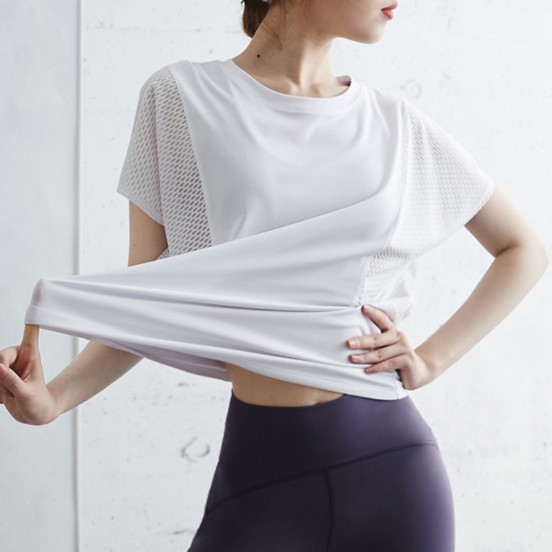 Spring and Summer New Yoga Clothes Women's Sports Short-sleeved T-shirt Women's Breathable Mesh Stitching Top Loose Running Fitness Clothes