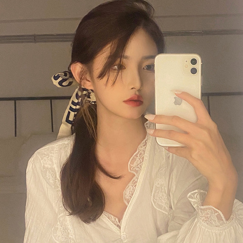 Korean Dongdaemun slender narrow silk scarf retro French floating scarf tied with ribbon scheming printed headband for women