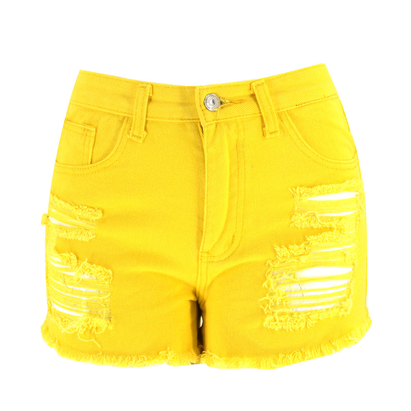 summer yellow raw edge ripped denim shorts  NSSY9468