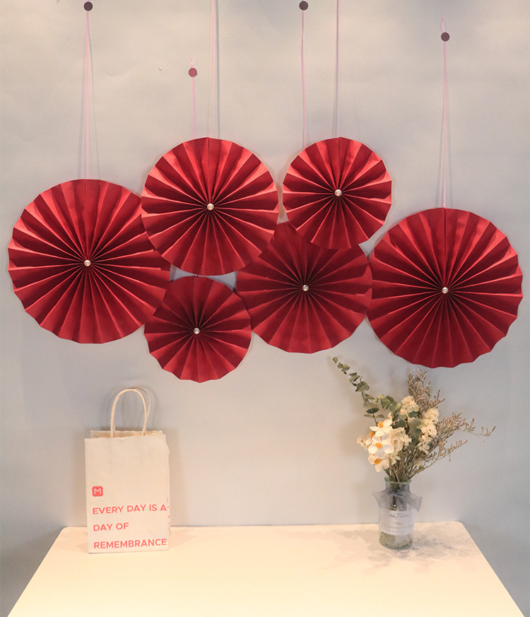 Wholesale White Pearl Red Paper Flower Fan Wedding Room Background Wall Decoration Nihaojewelry display picture 1