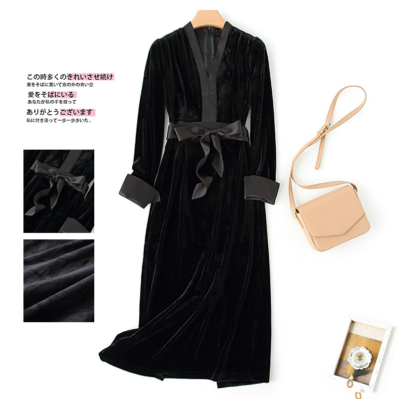 2020秋季时尚修身收腰金丝绒V领中长款连衣裙女3101