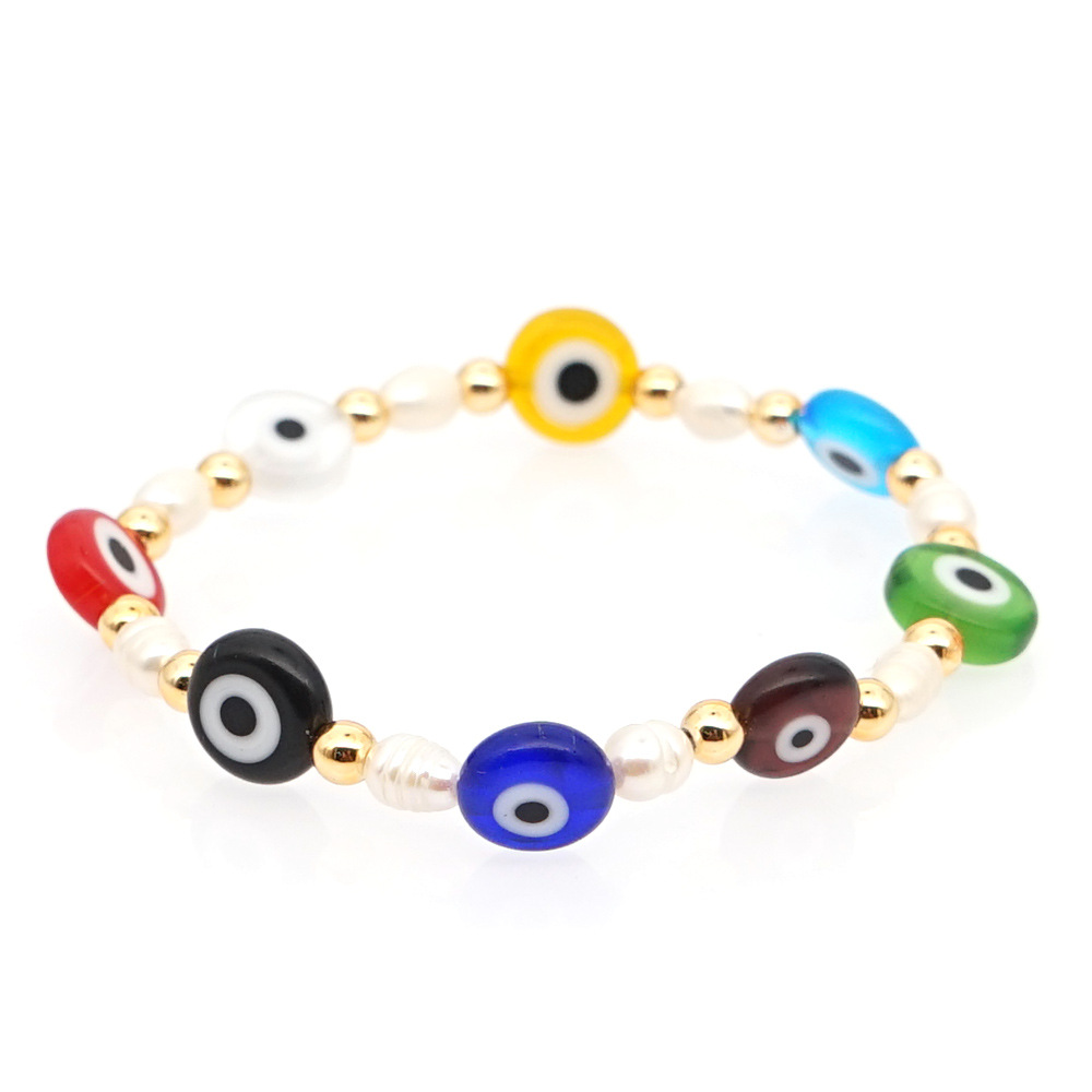 New Simple Baroque Pearl Glazed Evil Eye Ethnic Style Gold Bead Bracelet For Women Wholesale display picture 11