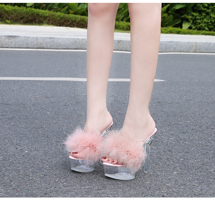 Dép sandal nữ gót nhọn siêu cao phối lông, quai trong suốt pha lê, mũi hở — Màu hồng, Màu trắng, Màu đen, Màu đỏ chi tiết 22