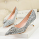 185-7 in Europe and the wind with high fashion sexy nightclub show thin thin and shallow mouth pointed sequins cloth belt buckle shoes