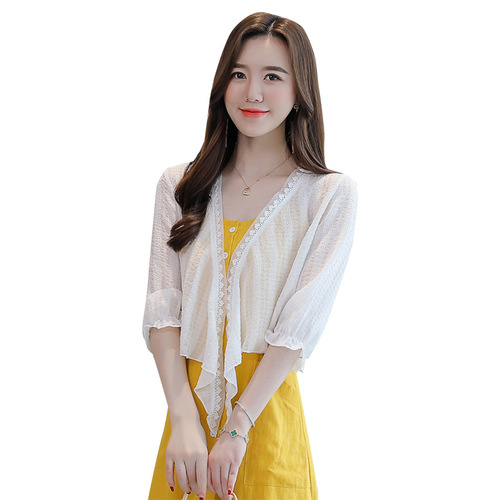 Summer thin outer shawl women's three-quarter sleeve jacket with suspender skirt chiffon top cardigan fairy sun protection clothing