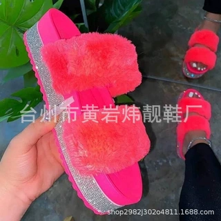 毛毛拖鞋女水钻厚底室内毛毛拖鞋大码wish亚马逊一字拖批发