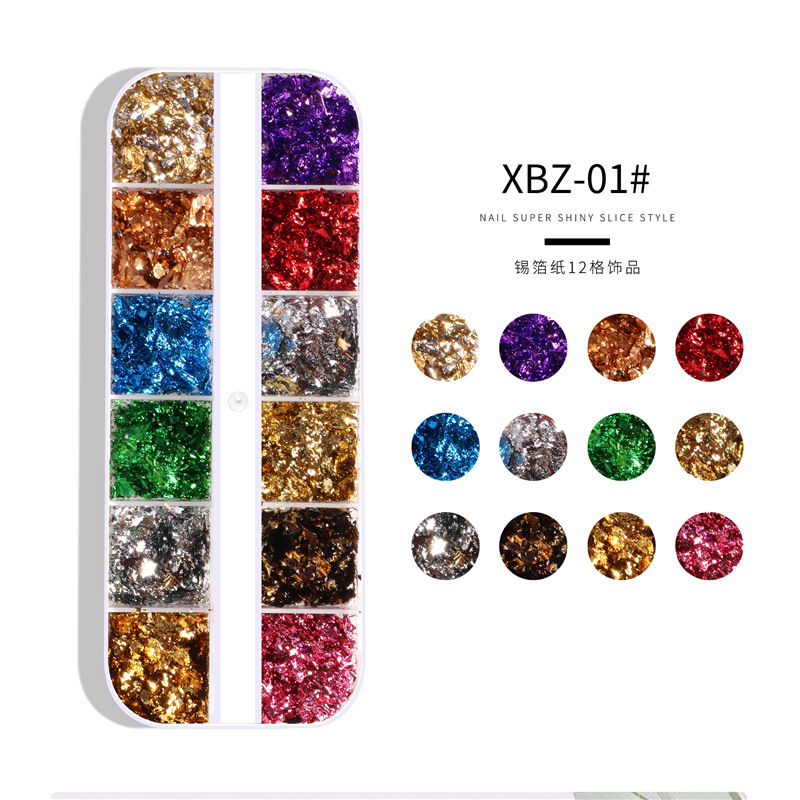 Joyería de hoja de color de uñas de Venta caliente transfronteriza 12 caja de tira de rejilla uñas papel de estaño roto hoja de oro de doble cara hoja de plata joyería