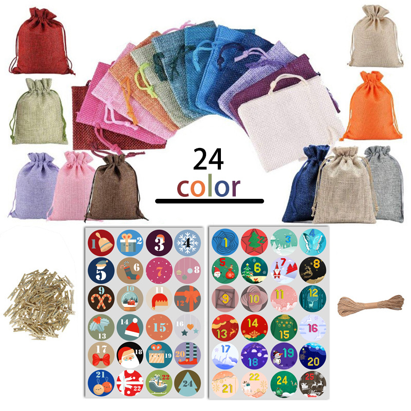 新款麻布束口圣诞袋礼品袋24色倒计时降临日历圣诞礼品袋套装现货