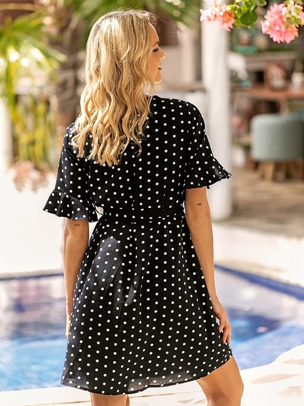 fashion chiffon dress short-sleeved waist slimming casual sweet polka-dot skirt NSDF1559