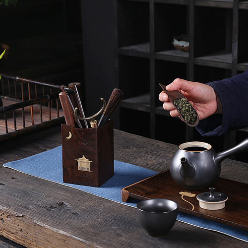[Inlaid Copper Tea Ceremony] Black Sandalwood Solid Wood Six Gentlemen Set Inlaid Brass Tea Set Solid Wood Tea Spoon Tea Clip Spare Parts