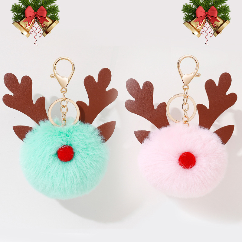 Amazon new pattern Christmas gift Elk Hair ball Pendant 8CM Imitation Rex Rabbit Plush Ball PU Antlers Luggage Strap