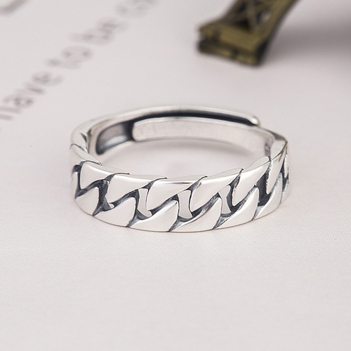 Korean version S925 sterling silver simple retro silver jewelry chain square bar overlapping cross open ring ring for women wholesale