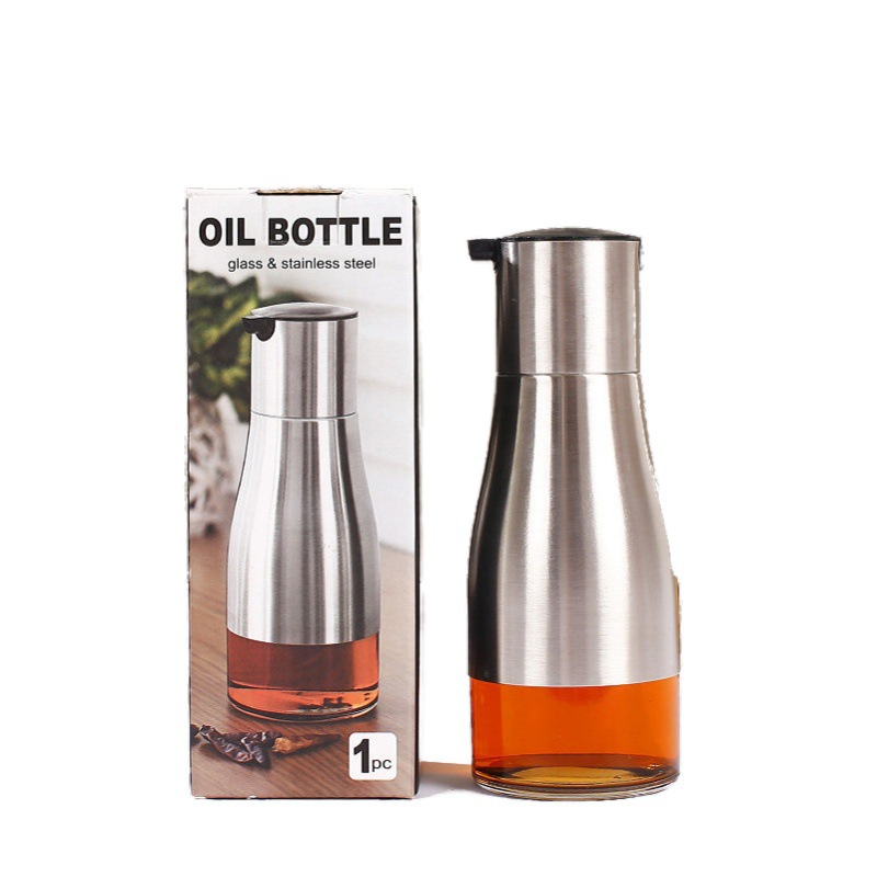 Venta al por mayor engrasador de vidrio controlable salsa de soja botella de vinagre botella de condimento de olla suministros de cocina botella de aceite de acero inoxidable logotipo impreso