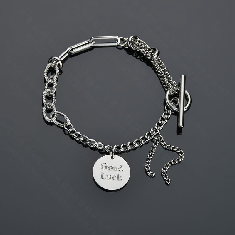 Retro Round Korean Ot Buckle Letter Stitching Chain Titanium Steel Tassel Bracelet display picture 5