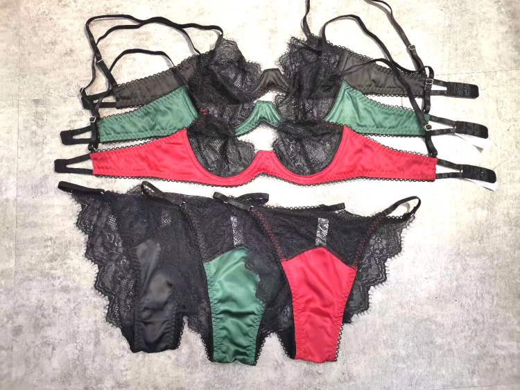 Wriufred Sexy Lace Satin Push Up Bra and Briefs Set Perspective Sexy Lingerie Set Three-piece Bralette Set Ladies Underwear