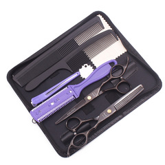 Achaby 5.5/6 inch apprentice hairdressing scissors with black gold blue flat toothed fringe thinning set