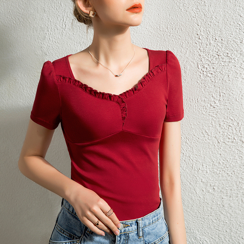 Cherry Red Bubble Sleeve T-shirt Women's Short-sleeved Ruffled Square Collar Western Style Cotton Top for Summer
