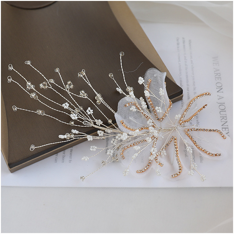 Fashion Bridal White Silk Yarn Big Head Flower Hand-beaded Headdress Rhinestone Hair Accessories display picture 1