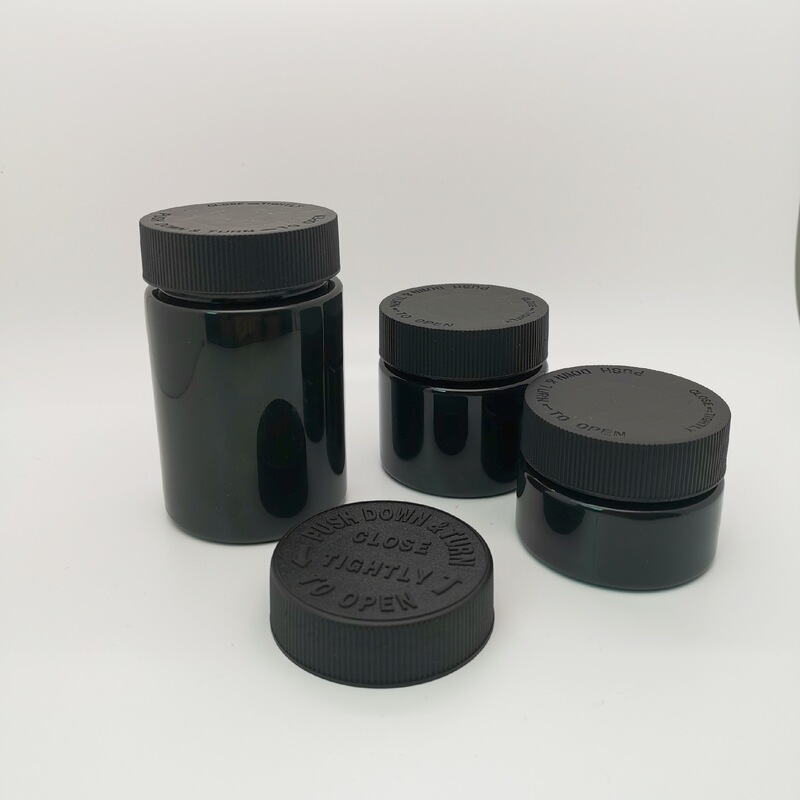 Wholesale 50 80 120ml Hemp plastic jars with child protection screw cap safety cap CRC plastic bottle cap