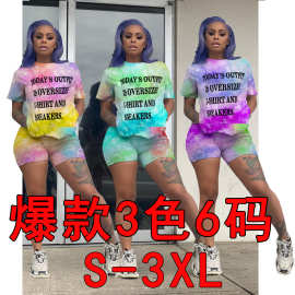 跨境CY1225亚马逊ebay速卖通欧美扎染字母印花休闲运动套装