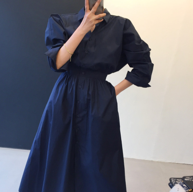 French Style Vintage Court Style Waist Single-Breasted Dress  Fall Long Loose Shirt Dress in Dresses