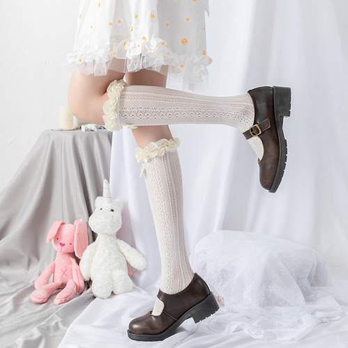 Lace vertical strips beautiful bow ribbon pleated lace edge net stockings Lolita Lolita crew socks ankle socks for women