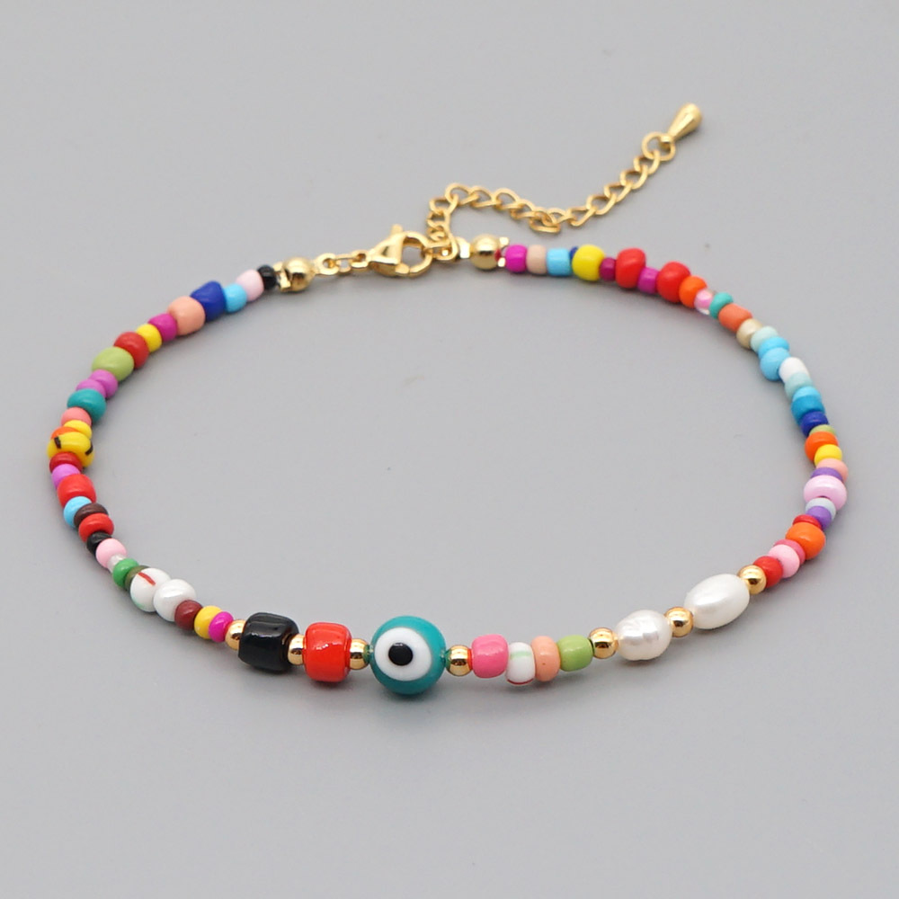 Bohemian Ethnic Style Eye Beads Rainbow Rice Beads Baroque Natural Freshwater Pearl Anklet Women display picture 14