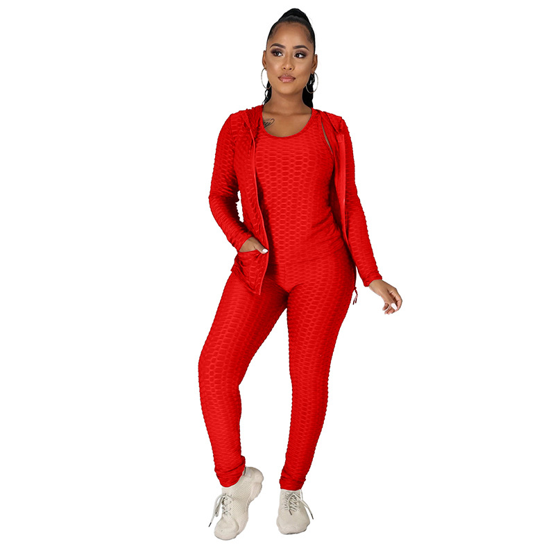 Popular Hooded Zipper Sweater Yoga Pants Sports Three Piece Set