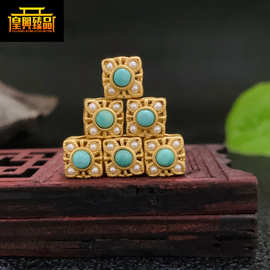 S925纯银镀24K古法金镶嵌绿松珍珠老金款背云配件diy四通隔珠手串