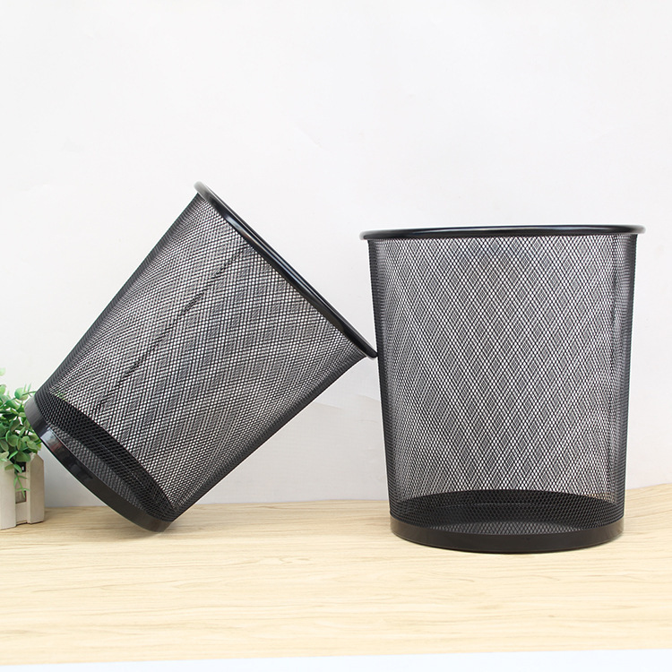 Factory Direct Sales Medium Black Metal Grids Trash Can Waste Paper Basket Iron Mesh Cleaning Trash Can