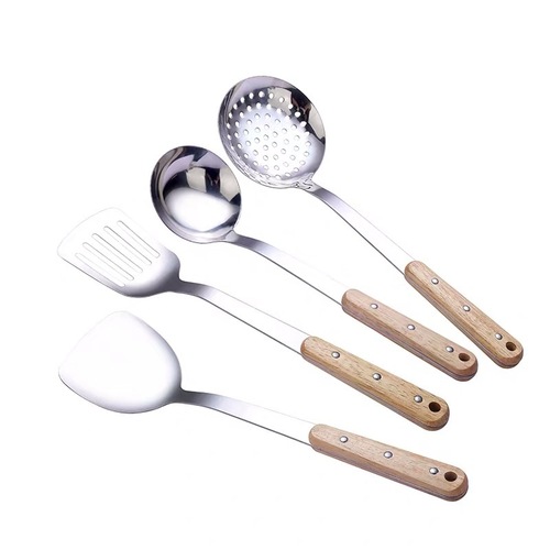 Wooden handle stainless steel spatula household cooking kitchenware soup spoon colander frying spatula insulated kitchen spoon spatula gift set