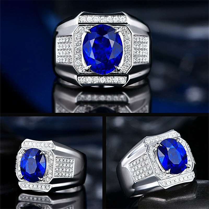 Sapphire diamond, ring with stone, platinum stone inlay, 18 carat white gold, diamond encrusted