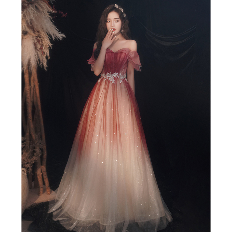Toast wine red evening solo piano performance dress the bride temperament  of the new banquet wedding dress show thin a word shoulder evening skirt