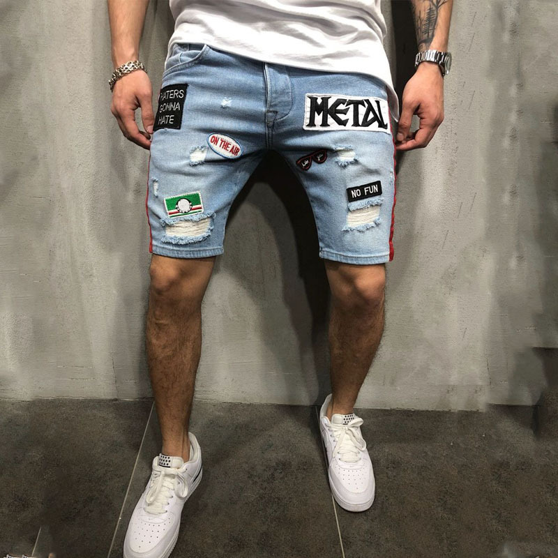 Foreign trade summer explosion men's fashion denim hole embroidered label shorts Europe and the United States loose straight jeans 10 Foreign trade summer explosion men's fashion denim hole embroidered label shorts Europe and the United States loose straight jeans 3