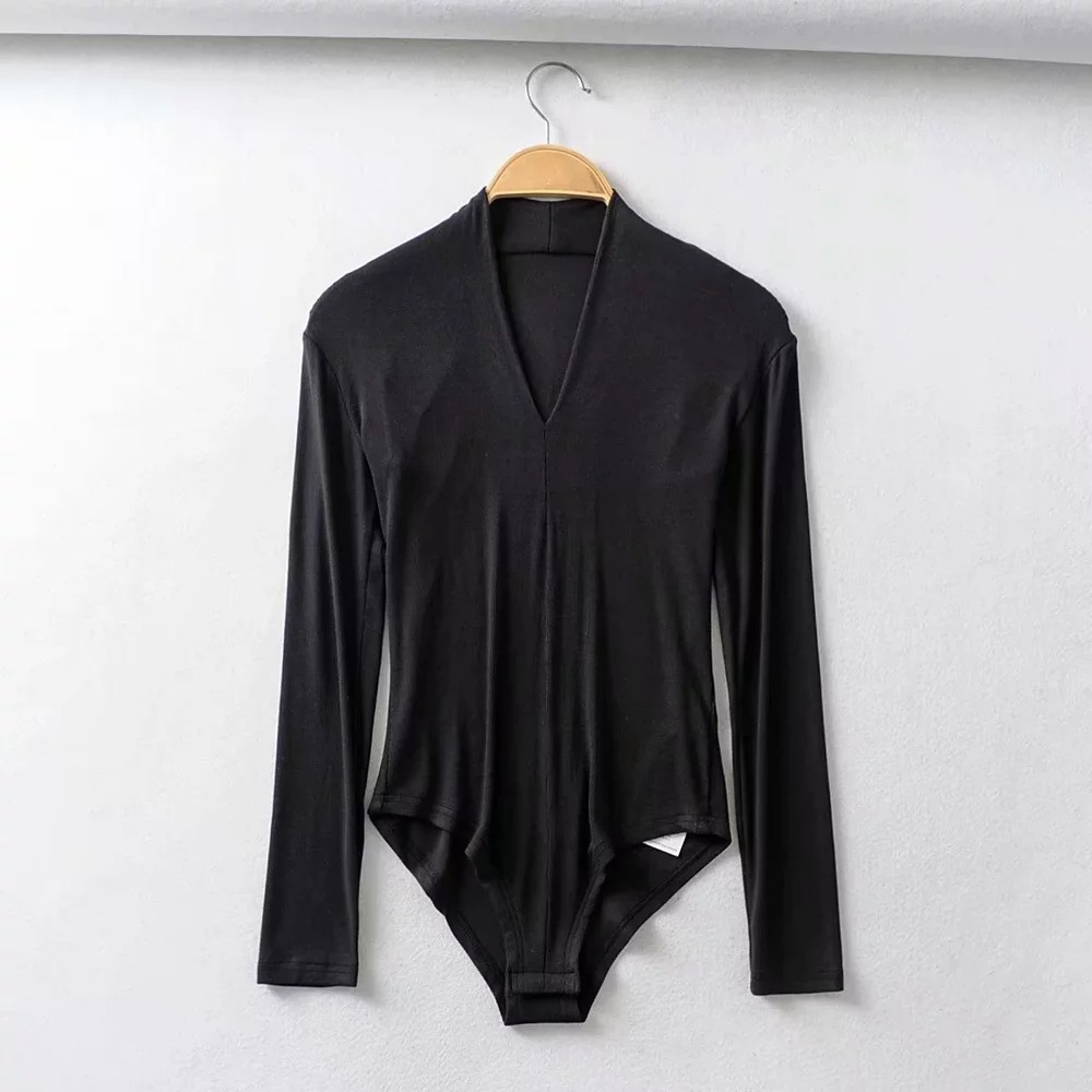 Aliexpress 2020 Autumn new European and American sexy deep V-neck swan neck slimming body slimming jumpsuit long sleeve T-shirt women