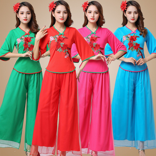 Square Dance Costume New Square Dance Costume Chinese Ethnic Dance Costume Embroidered Flower Mesh Skirt Suit 2002